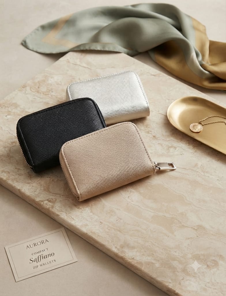 Aurora Compact Saffiano Zip Wallet - negro, plateado y dorado