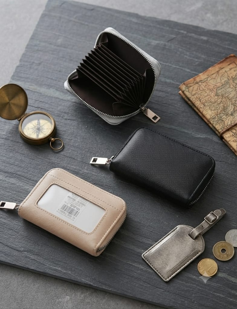 Aurora Compact Saffiano Zip Wallet - tarjetero abierto negro y beige