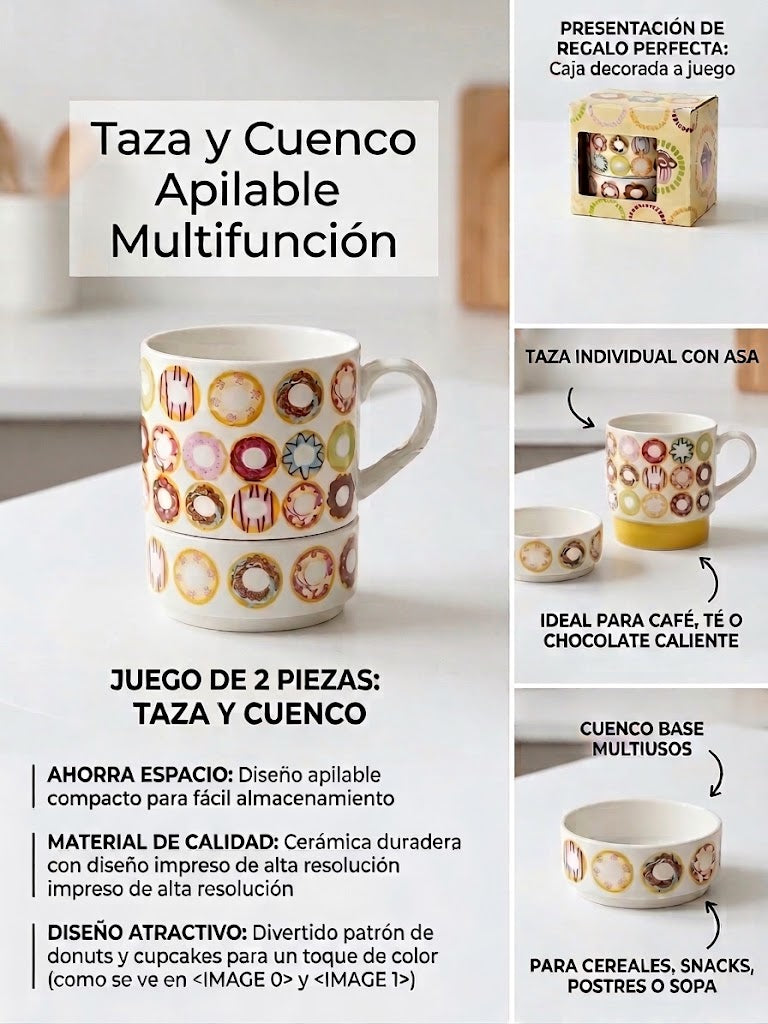 Taza y Cuenco Apilable Multifunción Donut — Juego 2 Piezas Cerámica