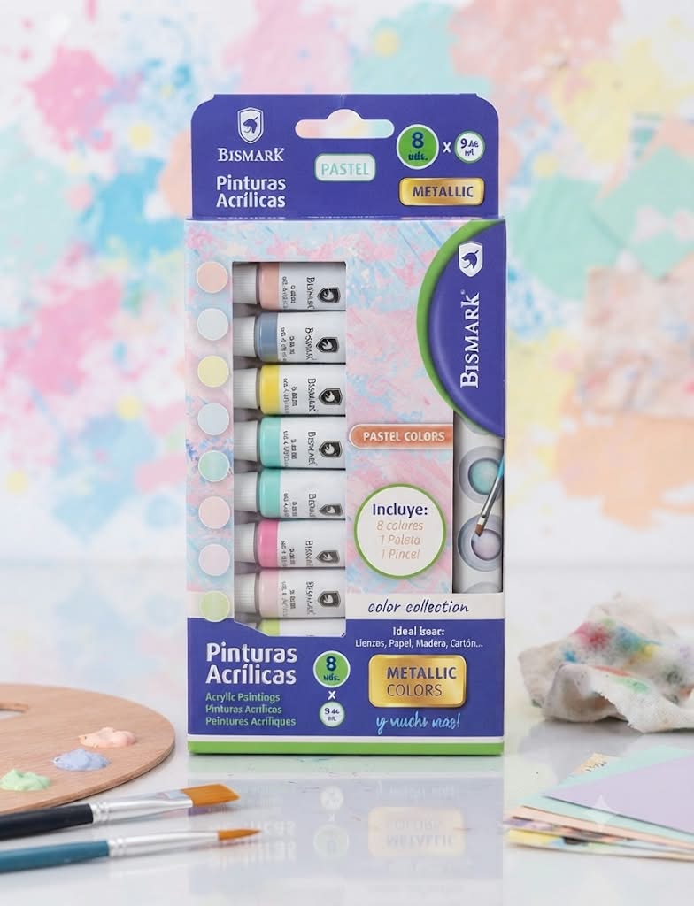 Pinturas Acrílicas Pastel & Metallic Bismark - Set 8 tubos con paleta y pincel