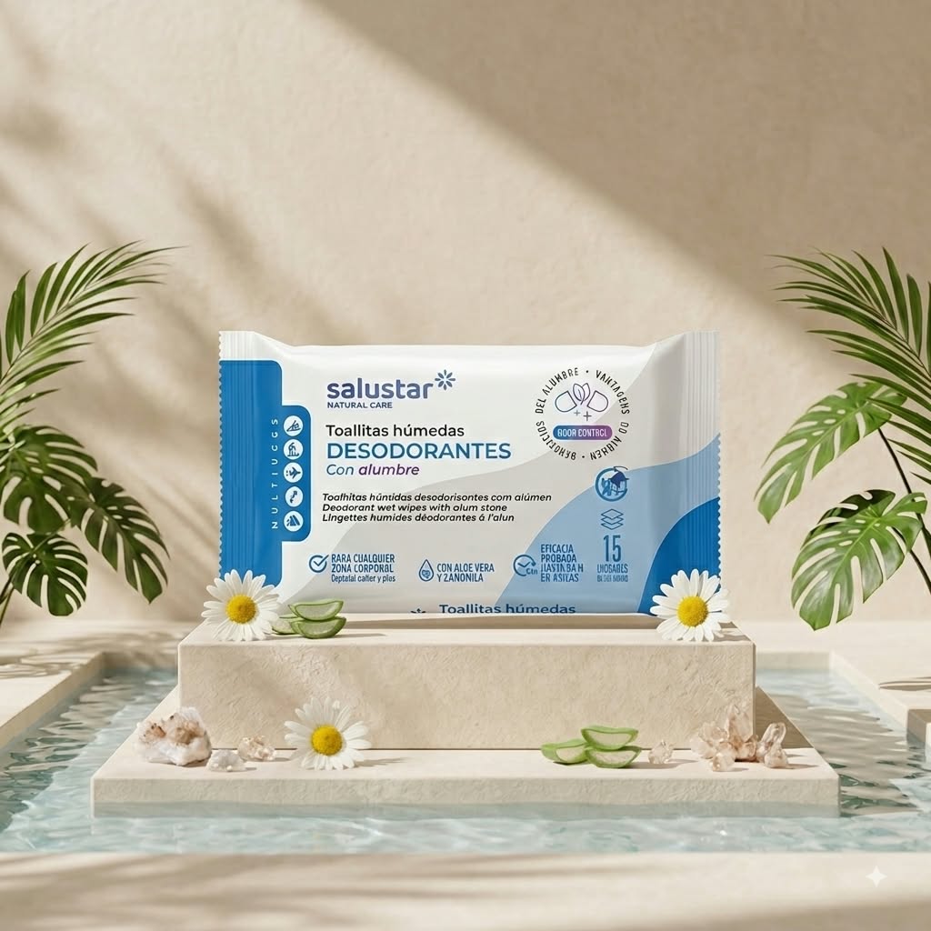 Toallitas Húmedas Desodorantes Salustar Natural Care con alumbre, aloe vera y manzanilla - 15 uds