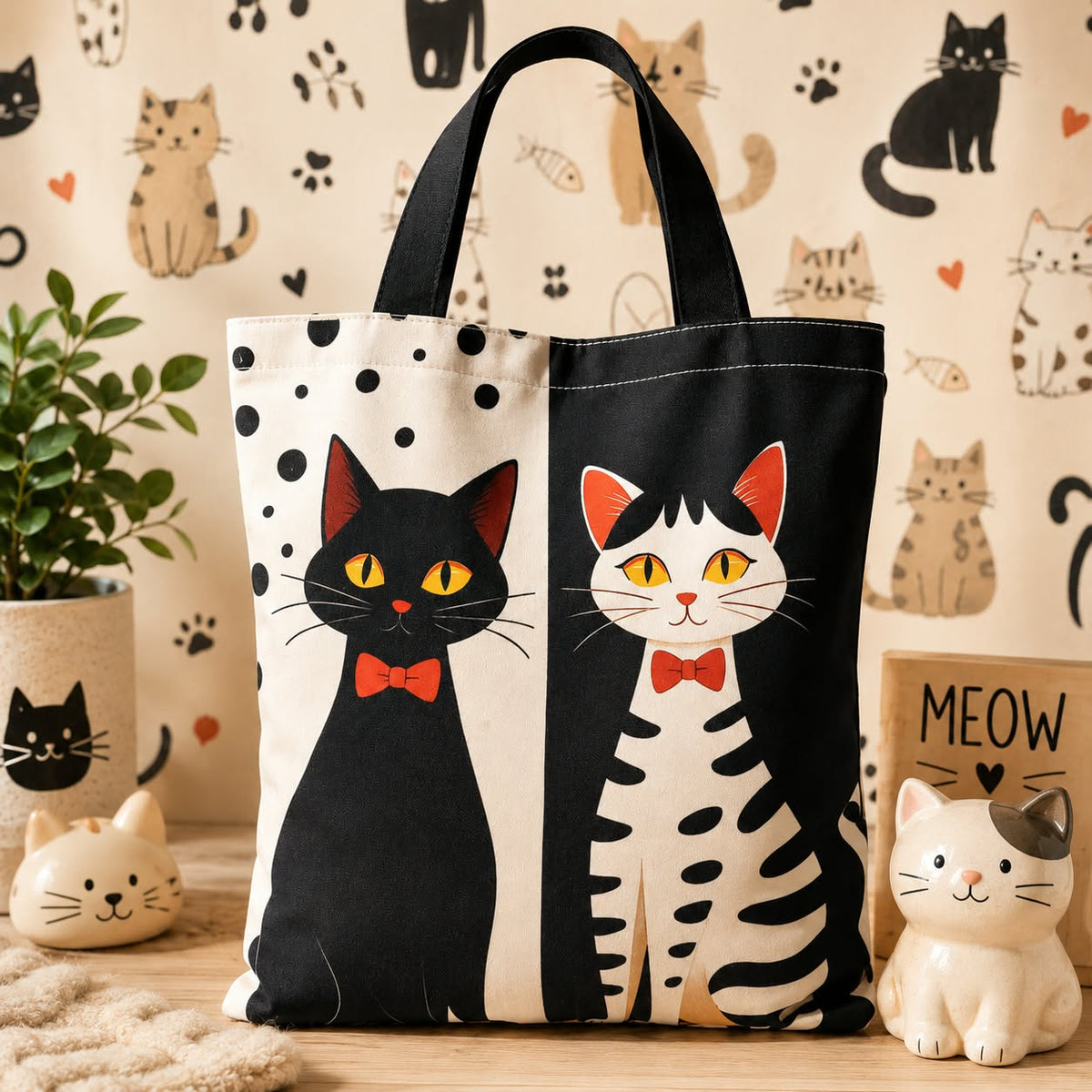 Tote Bag Kawaii con dos gatos con lazos rojos