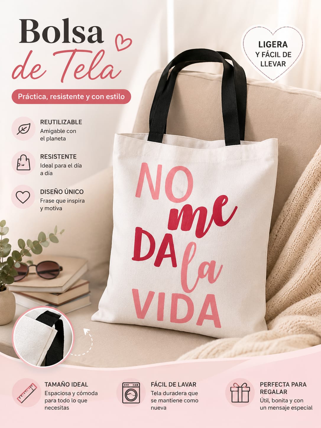 Tote bag No me da la vida - bolsa de tela con frase