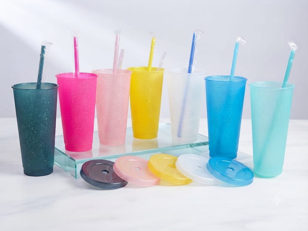 Vasos con purpurina tapa y pajita - 7 colores: negro, fucsia, rosa, amarillo, blanco, azul y turquesa