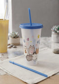 Vaso con diseño de gatos kawaii, tapa azul y 2 pajitas