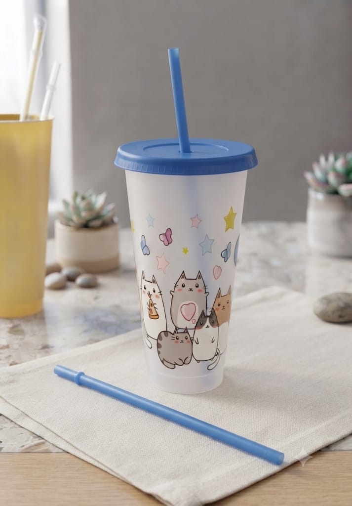 Vaso con diseño de gatos kawaii, tapa azul y 2 pajitas