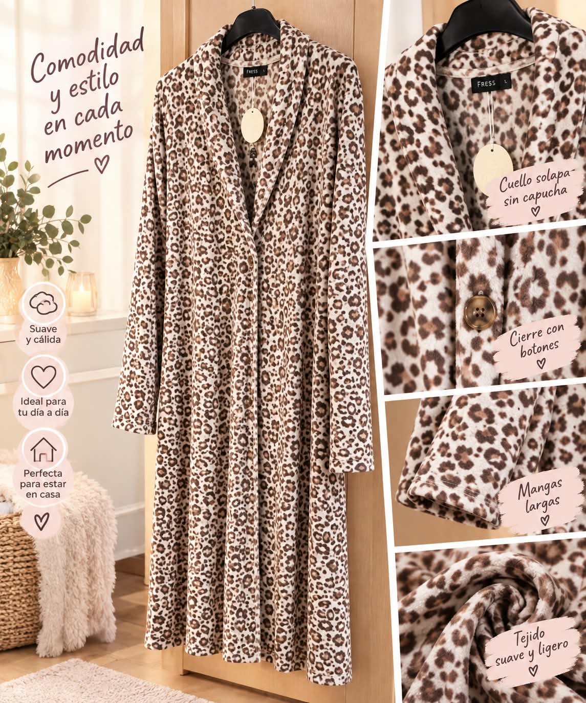 Bata de casa con estampado de leopardo y mangas largas