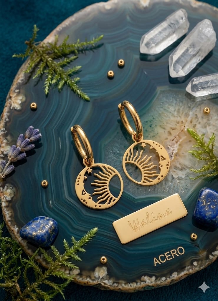 Pendientes Aro Sol y Luna Dorado - Acero Inoxidable | Walima