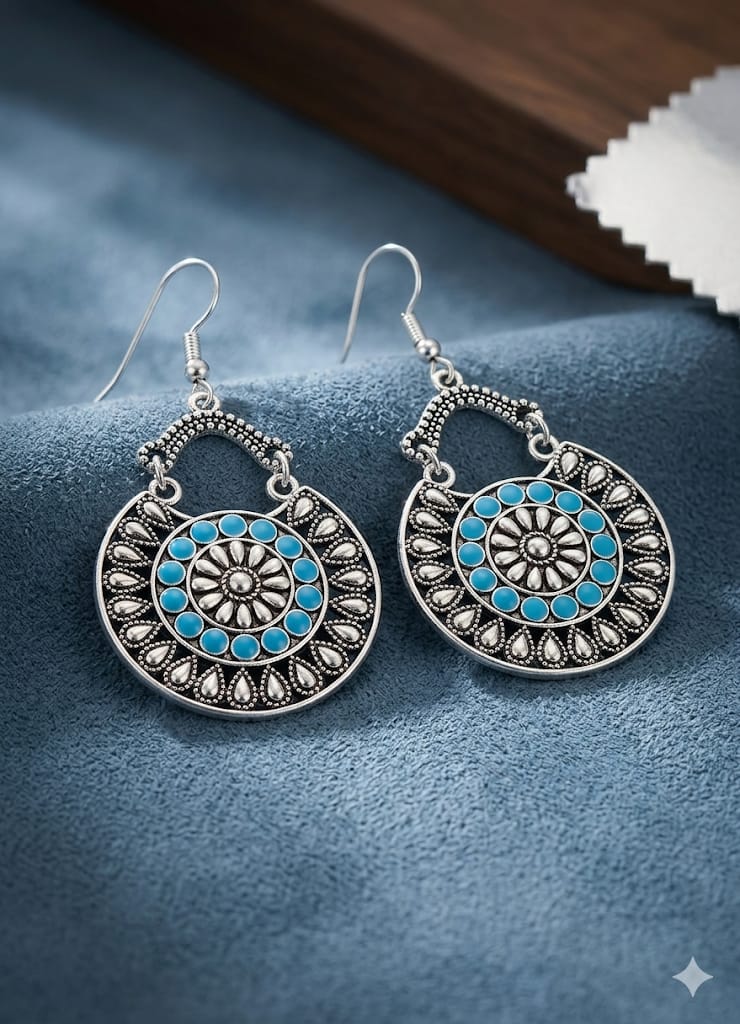 Pendientes Mandala Boho Plateado con Turquesa - Colgantes