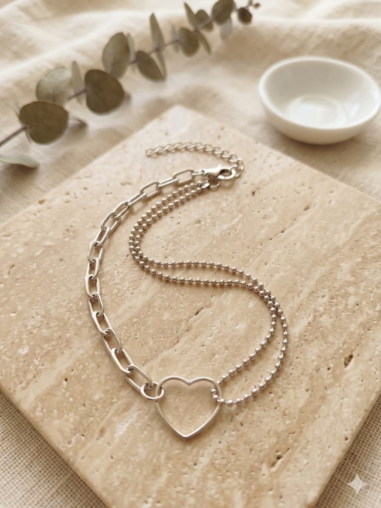 Pulsera Doble Cadena Corazón Plata