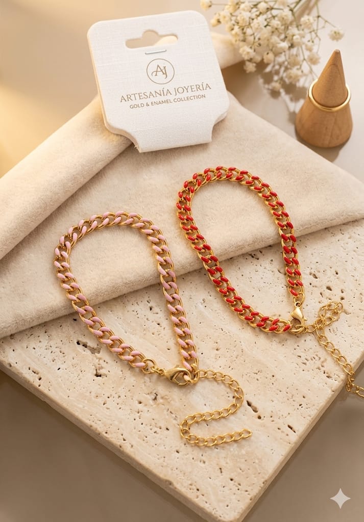 Artesanía Joyería Pulsera Eslabones Esmaltada Dorada