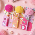 Bolígrafo Gel Kawaii con Pompón Pom Pom - Azul, Rosa y Morado