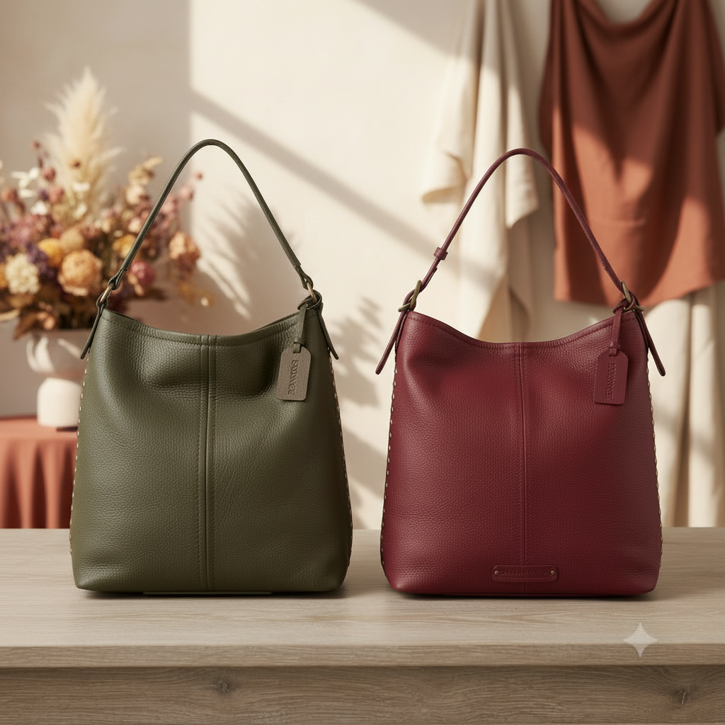 Bolso en verde y granate con fondo de moda
