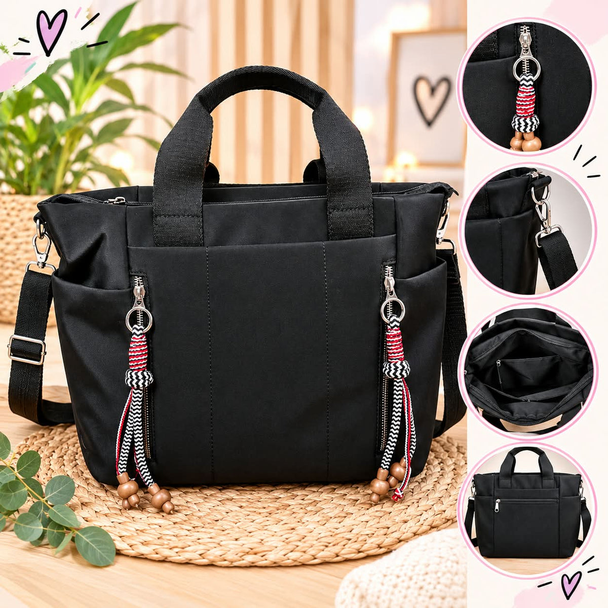 Bolso tote negro con asas, correa ajustable y varios bolsillos
