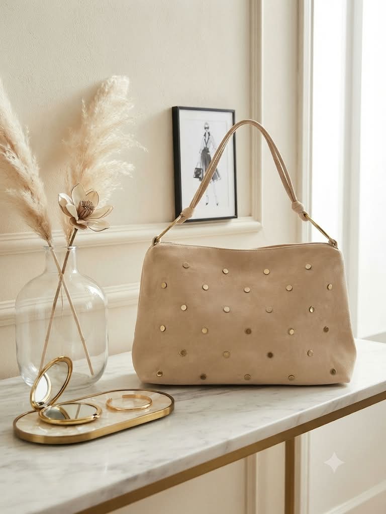 Bolso beige con tachuelas doradas y asa corta