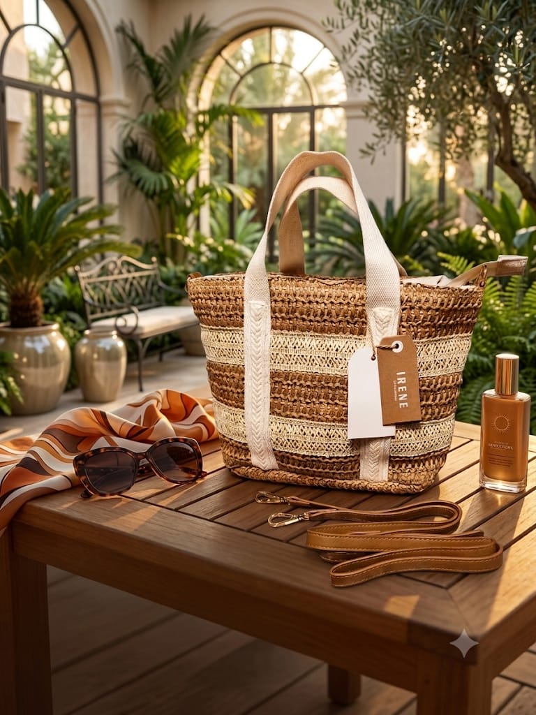 Bolso Cesta Rafia Bicolor con Bandolera — Irene
