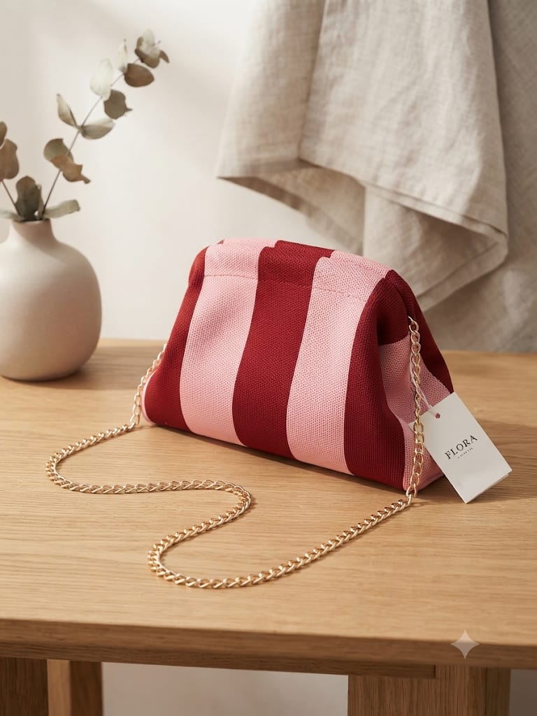 Bolso clutch rayas granate y rosa con cadena dorada