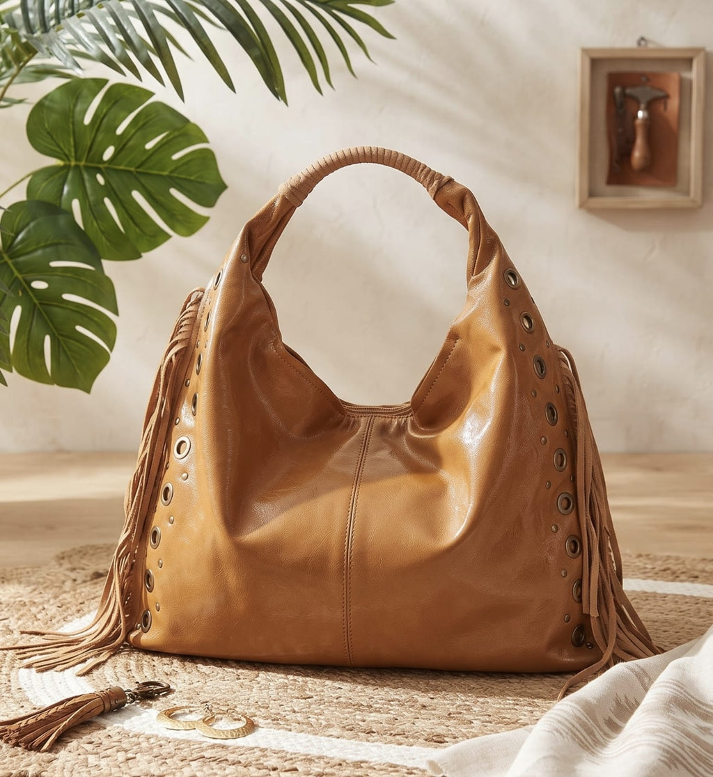Vista frontal del bolso camel con flecos y detalles metálicos