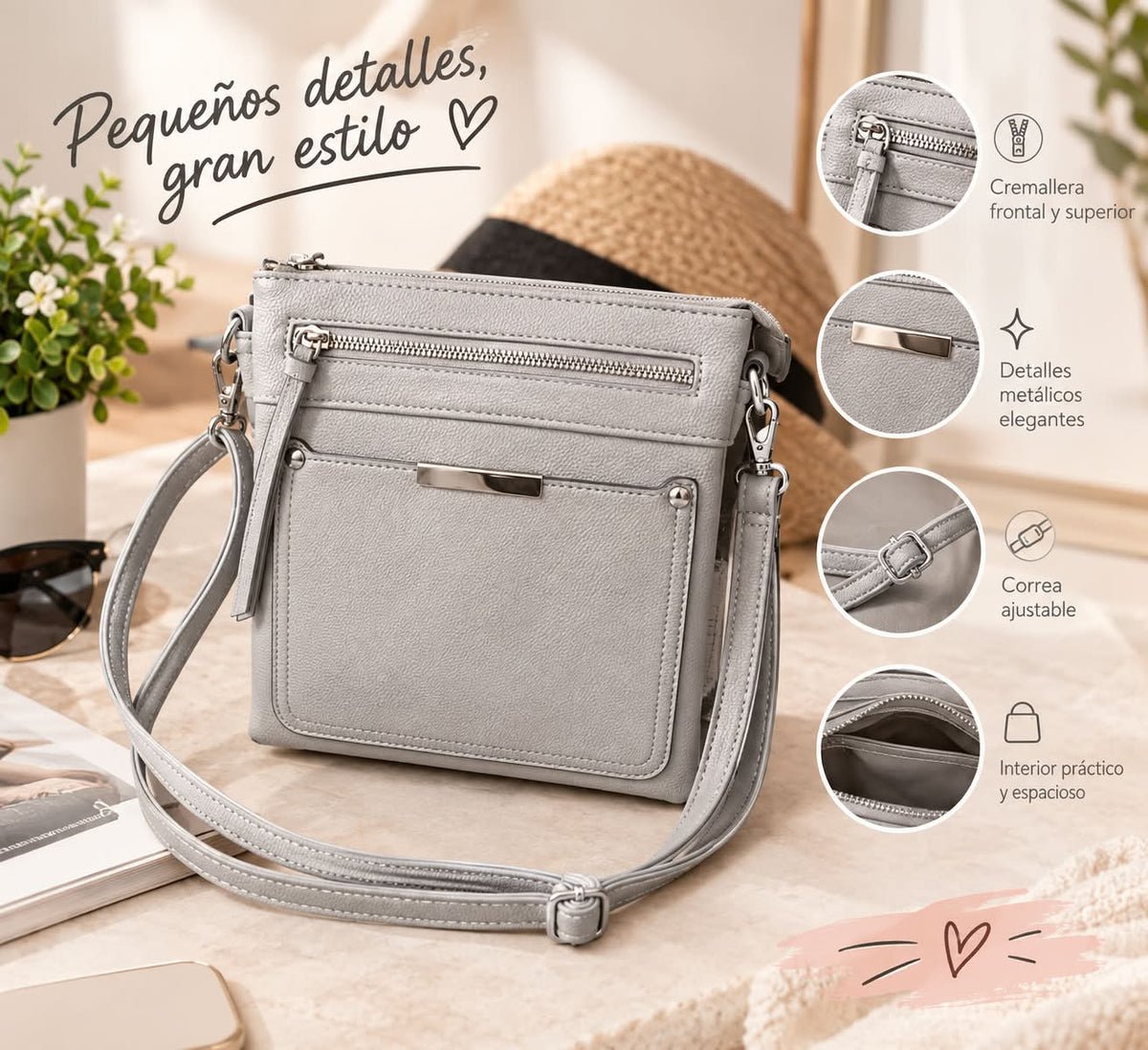 Bolso bandolera gris con bolsillos, detalles metálicos y correa ajustable
