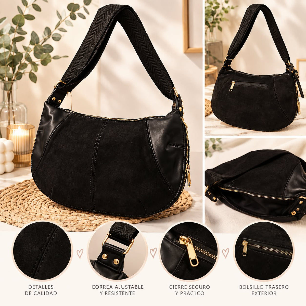 Bolso negro con correa ancha, detalles dorados y vistas de sus acabados