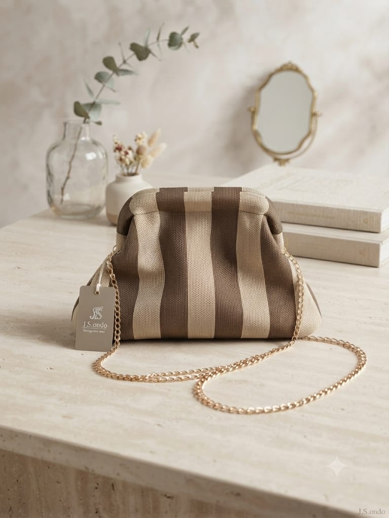 Bolso Clutch Rayas Marrón y Beige con Cadena Dorada