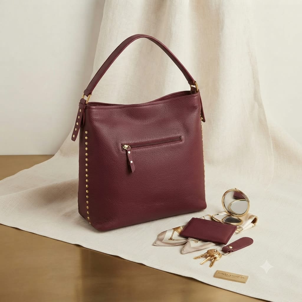 Vista trasera del bolso Boho con tachuelas en color granate