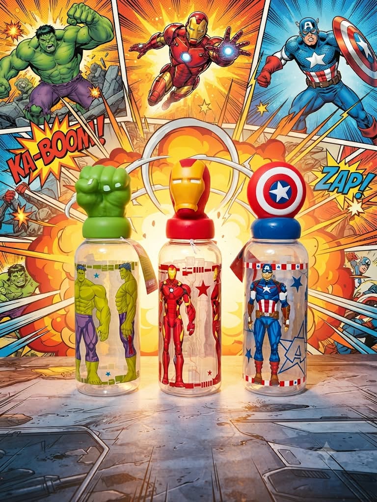 Botella Plástico Avengers Marvel - Hulk, Iron Man y Capitán América con tapas 3D