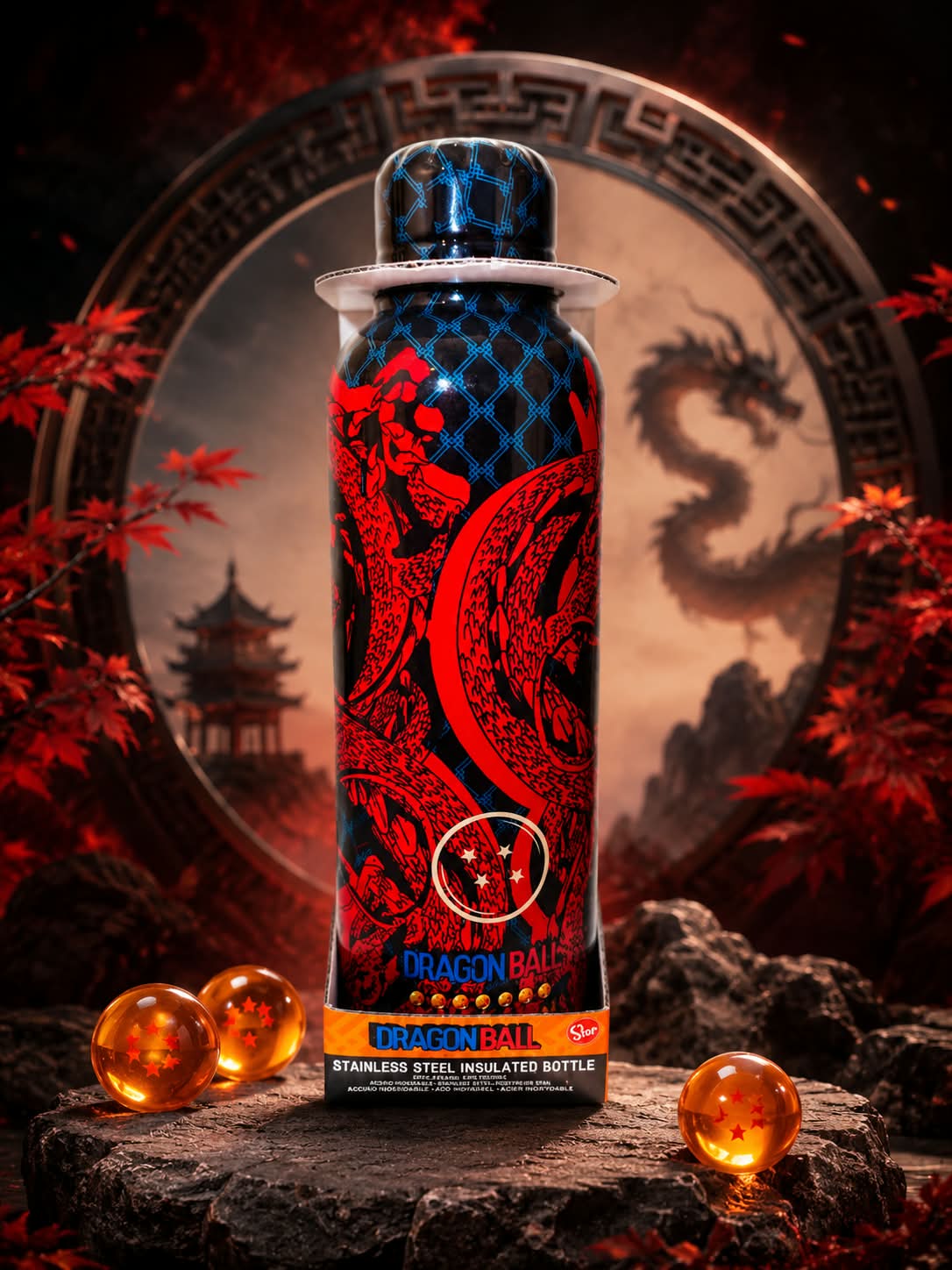 Botella Térmica Acero Dragon Ball - Shen Long rojo sobre negro