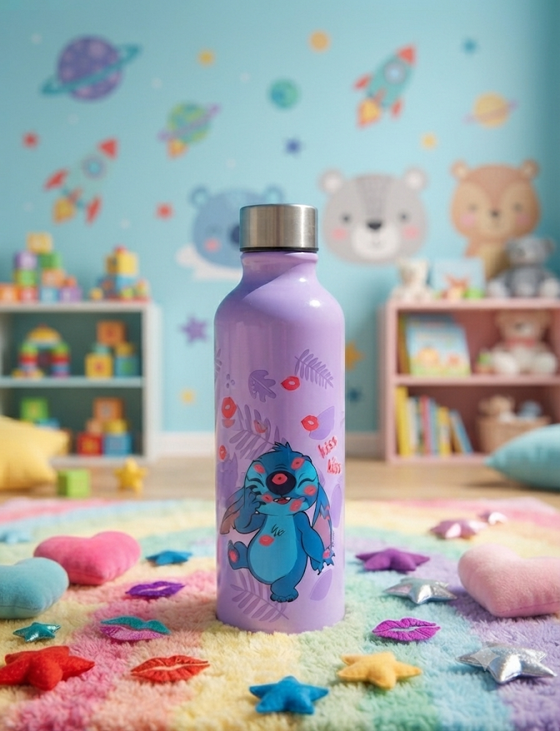 Botella Térmica Acero Stitch Disney - Lila con Stitch y flores tropicales