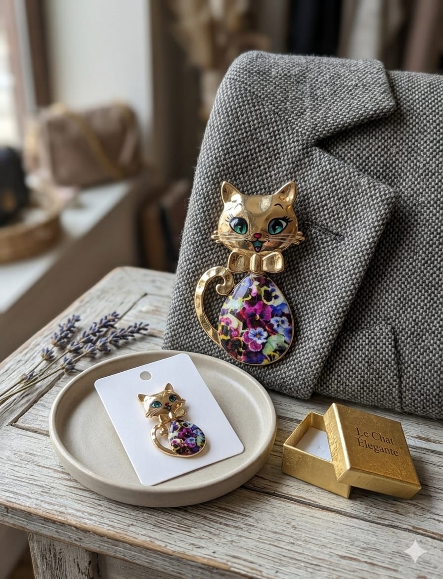 Broche pin gato Le Chat Élégante dorado con flores de colores