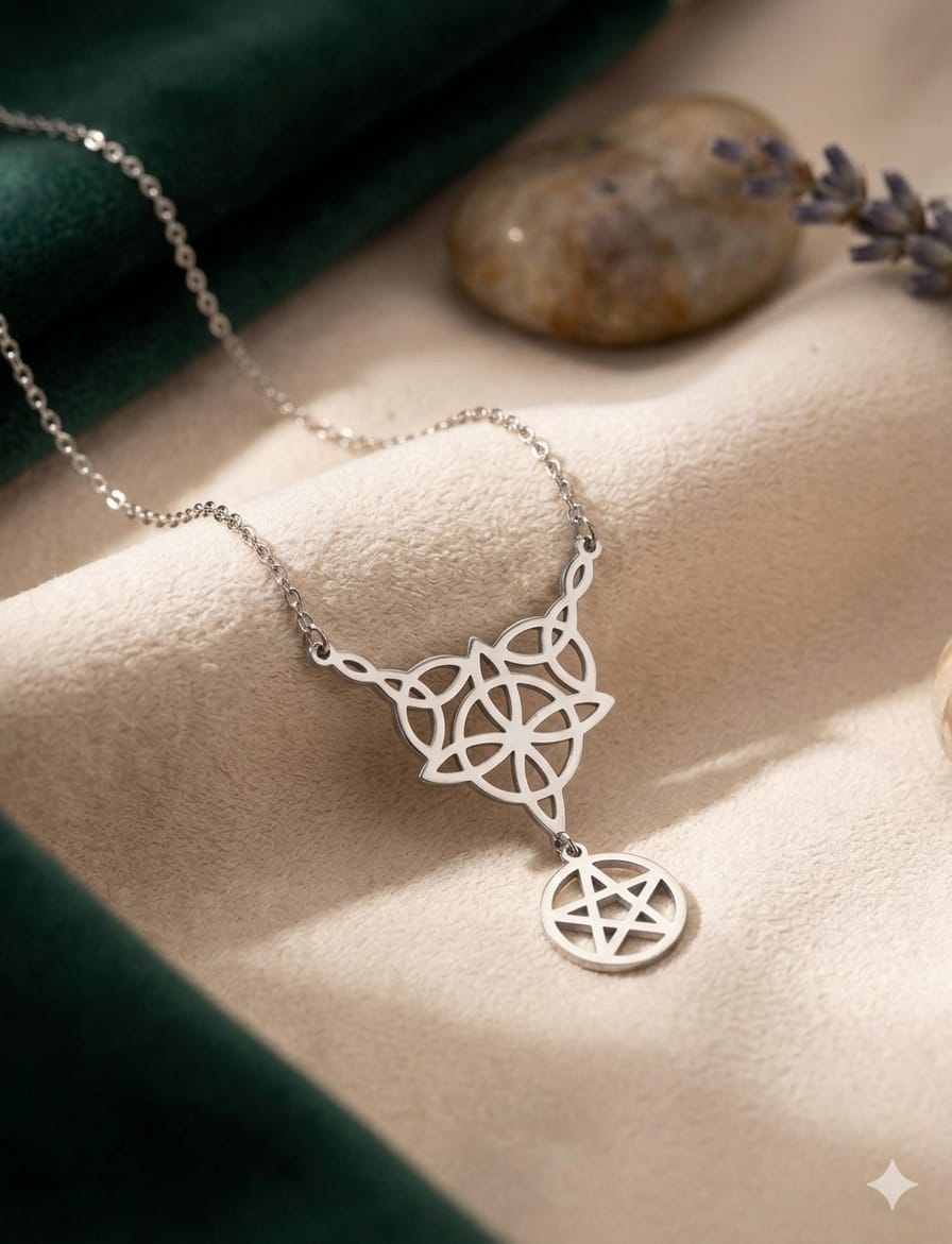 Collar nudo céltico con pentagrama colgante en acero inoxidable plateado