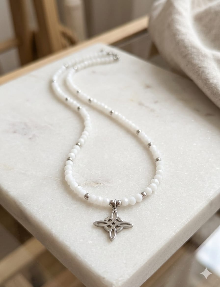 Collar de perlas blancas con colgante cruz céltica plateada acero inoxidable