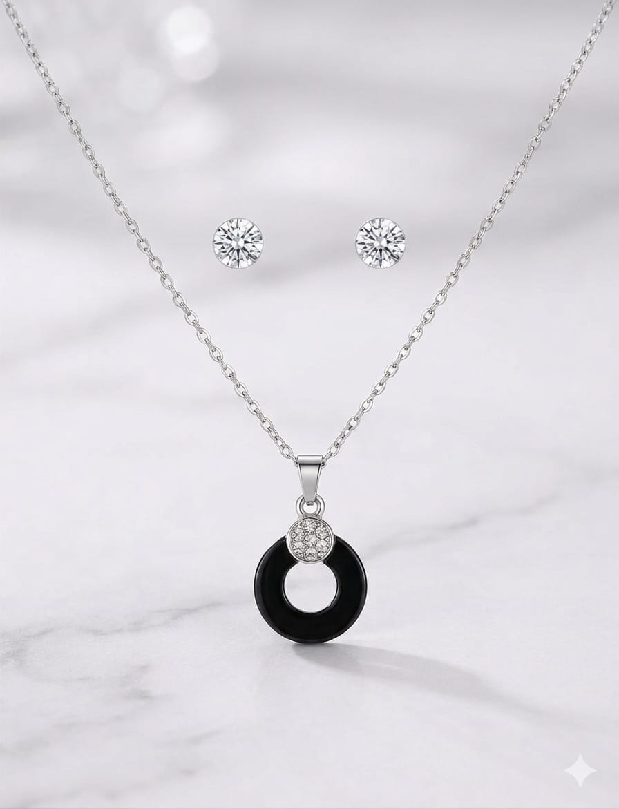 Conjunto collar colgante aro negro con circonitas y pendientes de acero inoxidable
