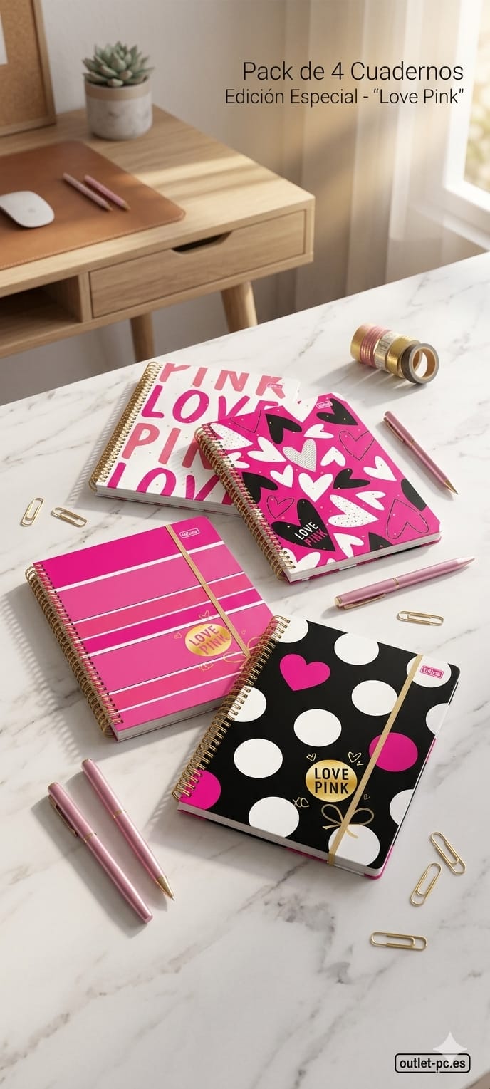 Pack de 4 Cuadernos Edición Especial Love Pink - vista sobre mesa de mármol
