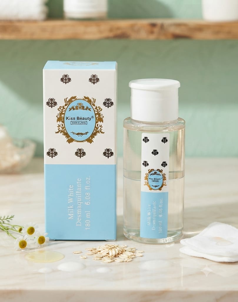 Desmaquillante Milk White Kiss Beauty 180ml con caja azul y flores de manzanilla