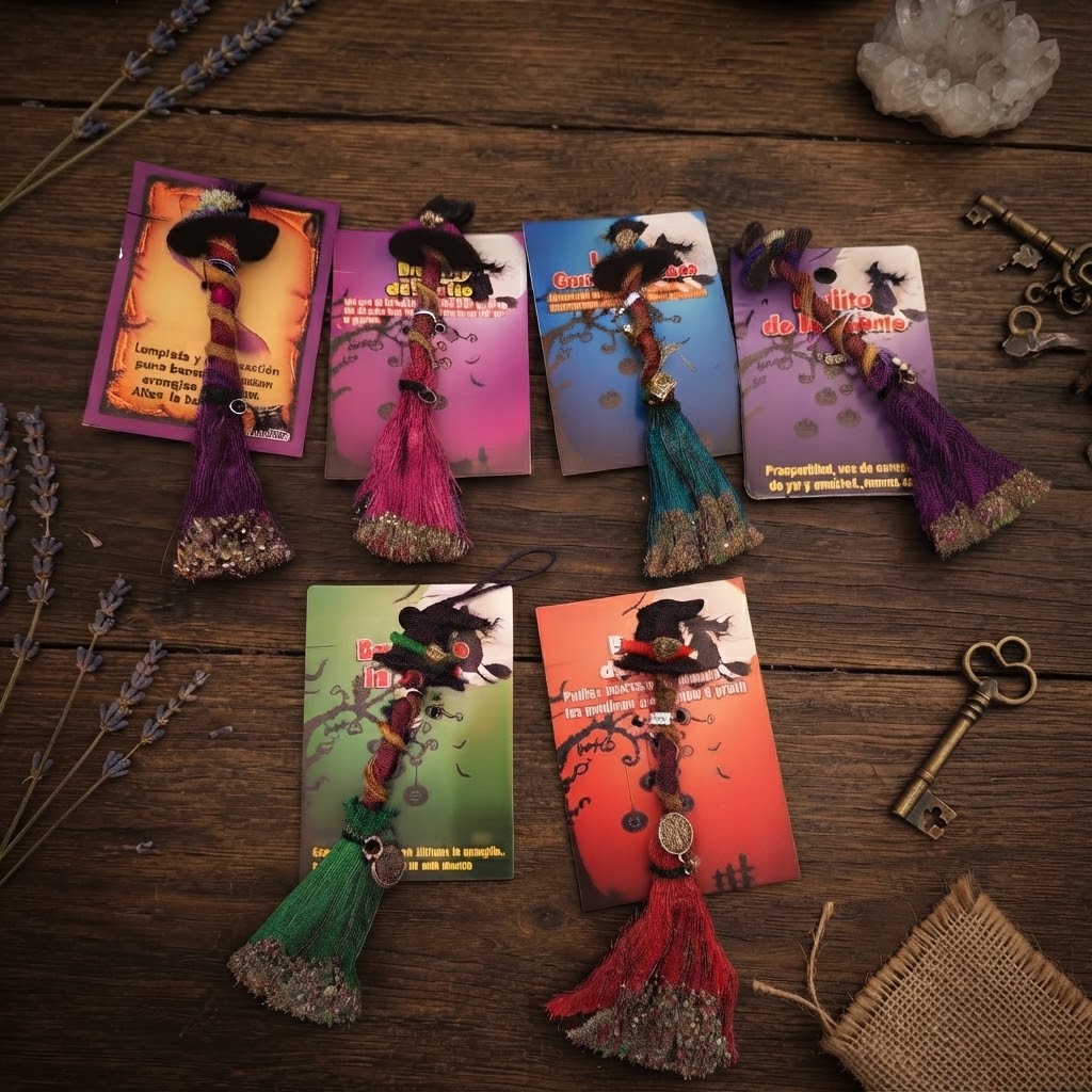 Escobas de bruja decorativas con sombreros, flecos de colores y adornos colgantes