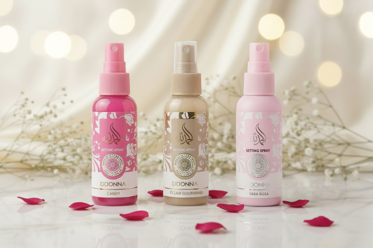 Spray fijador maquillaje DDONNA 3 aromas Candy Éclair y Yara Rosa con pétalos y bokeh dorado