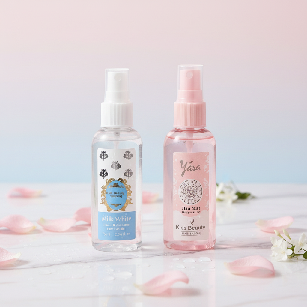 Bruma capilar Milk White y Yara Kiss Beauty juntas con fondo floral rosa y azul