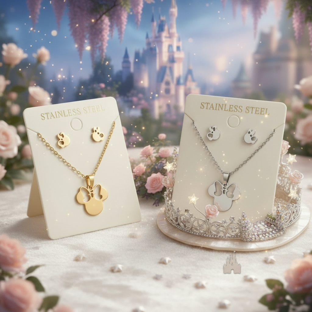 Conjunto Minnie Mouse acero inoxidable dorado y plata colgante pendientes