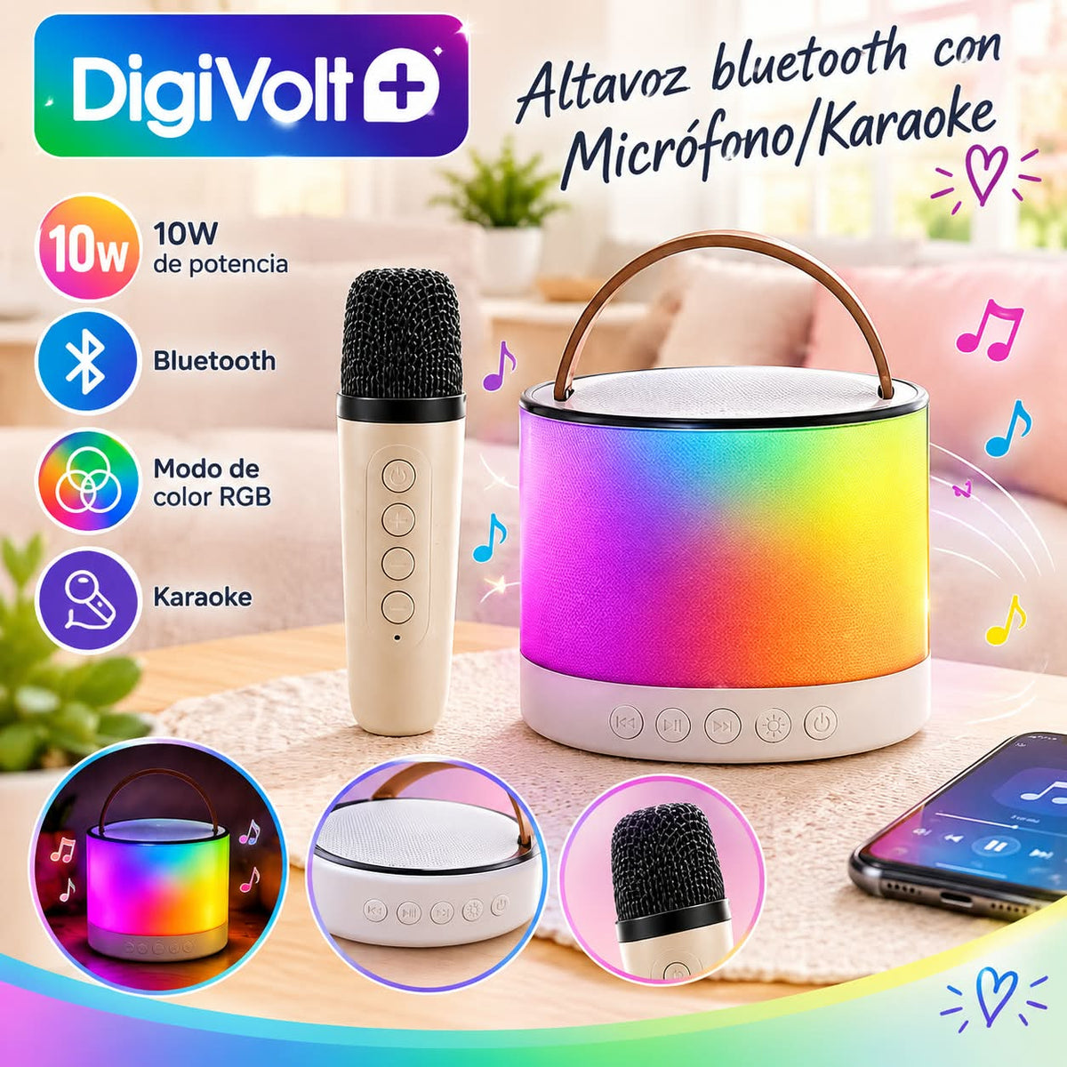 Altavoz Bluetooth Digivolt con micrófono, luz RGB y función karaoke