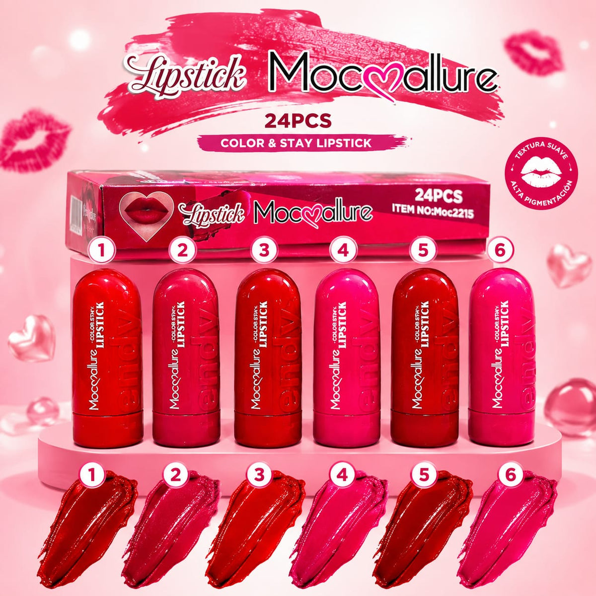 Labial Mocmallure Color & Stay Lipstick 6 tonos rojos y rosas