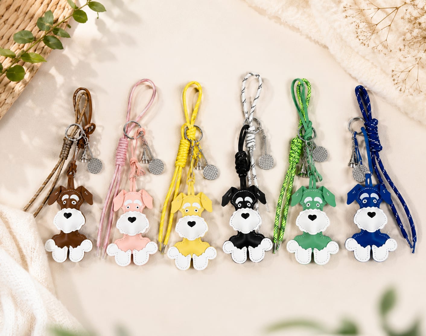 Llavero Schnauzer Cuero — Charm Perrito con Cascabel 6 Colores