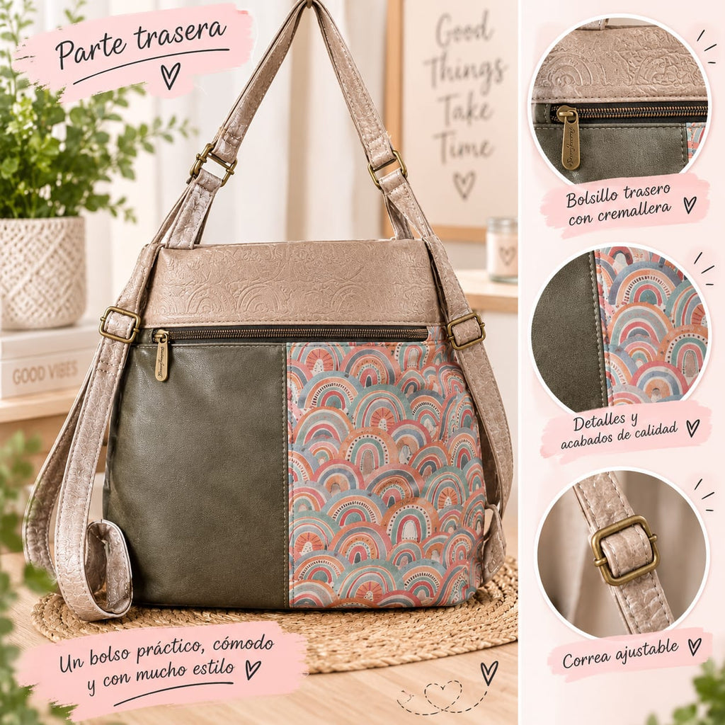 Vista trasera del bolso con estampado de arcos multicolor