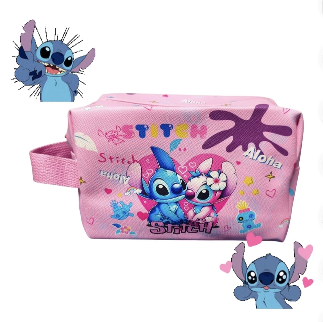 Neceser Stitch y Angel Disney rosa kawaii con asa lateral y cremallera