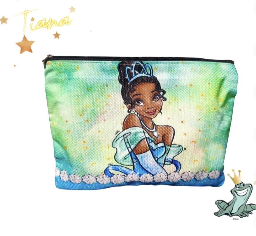 Neceser Princesa Tiana Disney estampado acuarela verde azul formato clutch con cremallera