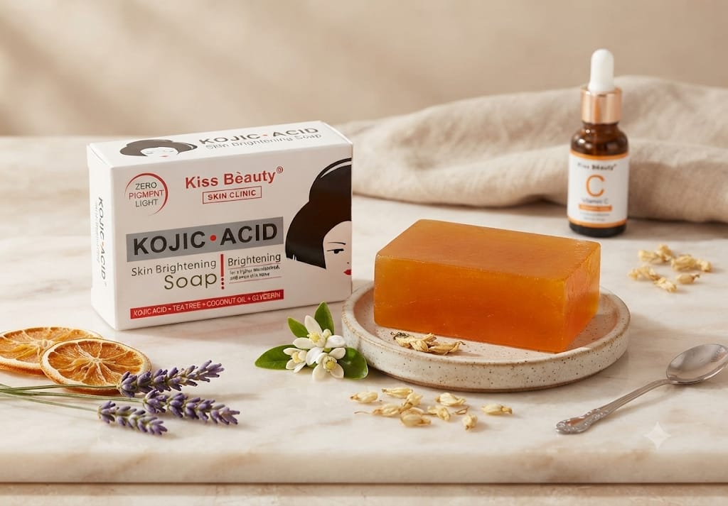 Jabón de ácido kójico Kiss Beauty Skin Brightening Soap con aceite de coco y árbol de té