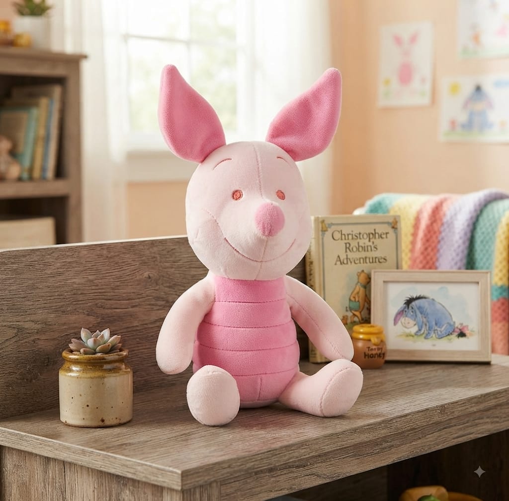 Peluche Piglet de Winnie the Pooh rosa sentado sobre mesa de madera