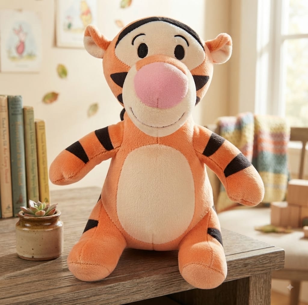 Peluche Tigger de Winnie the Pooh naranja con rayas negras sentado sobre mesa de madera
