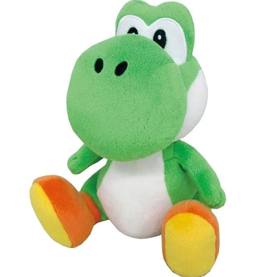 Peluche de Yoshi verde de Super Mario sentado con botas naranja y amarillo