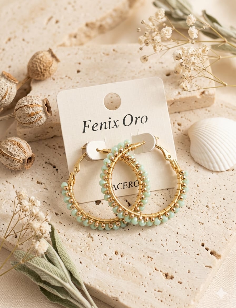 Pendientes aro dorado con bolitas verdes Fenix Oro acero inoxidable